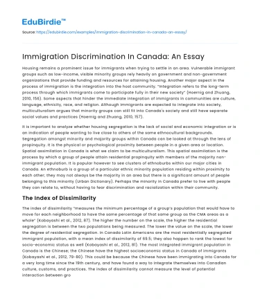 Immigration Discrimination In Canada: An Essay