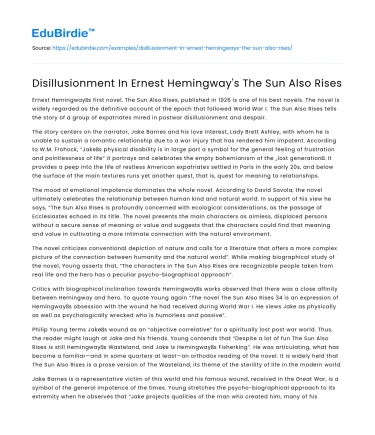 Disillusionment In Ernest Hemingway’s The Sun Also Rises