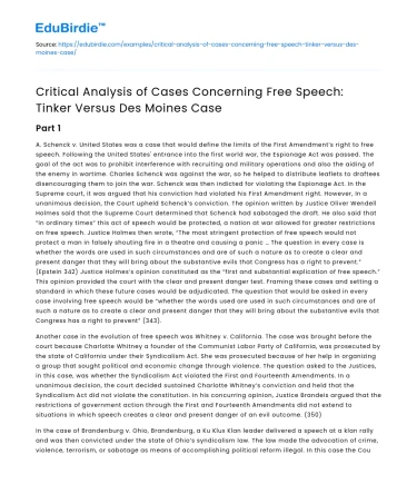 Analysis of Free Speech: Tinker v Des Moines