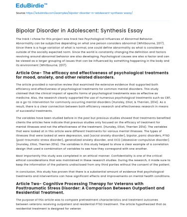 Bipolar Disorder in Adolescent: Synthesis Essay