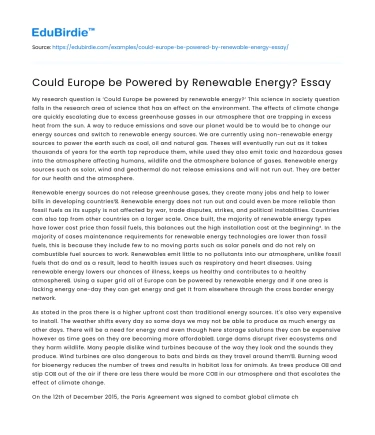 Could Europe be Powered by Renewable Energy? Essay