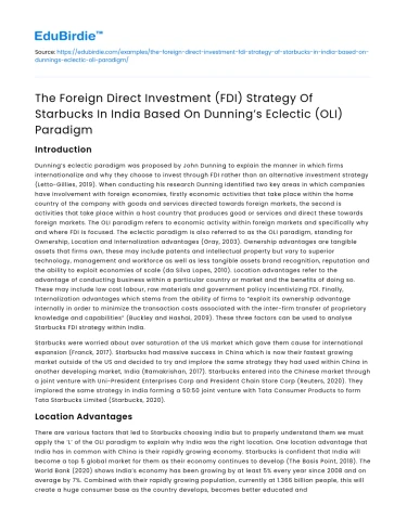 Starbucks’ FDI Strategy in India using Dunning’s Eclectic Paradigm