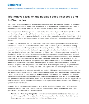 Informative Essay on the Hubble Space Telescope and its Discoveries