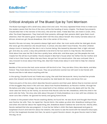 Critical Analysis of The Bluest Eye by Toni Morrison