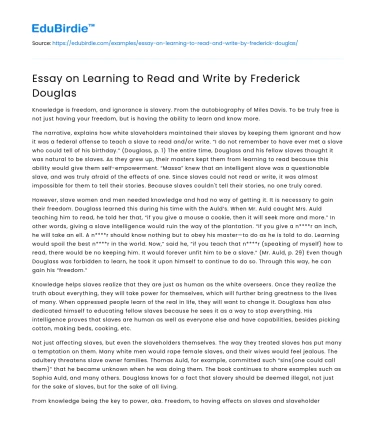 Essay on Learning to Read and Write by Frederick Douglas