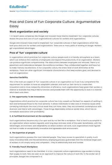Pros and Cons of Fun Corporate Culture: Argumentative Essay