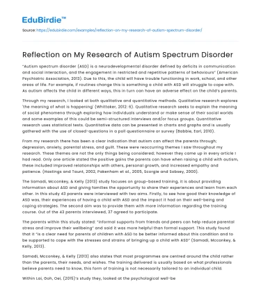 Reflection on My Research of Autism Spectrum Disorder