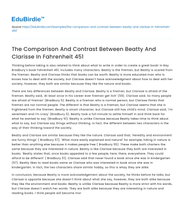 The Comparison And Contrast Between Beatty And Clarisse In Fahrenheit 451