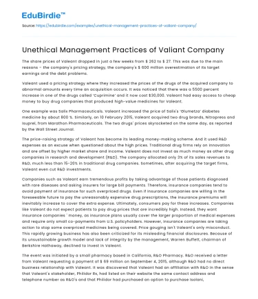 Unethical Management Practices of Valiant Company