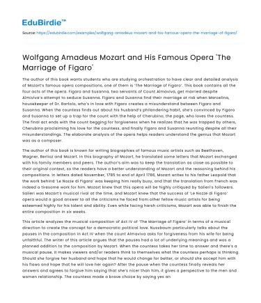 Wolfgang Amadeus Mozart and His Famous Opera ‘The Marriage of Figaro’