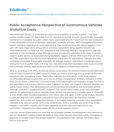 Public Acceptance Perspective of Autonomous Vehicles: Analytical Essay