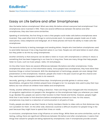 Essay on Life before and after Smartphones