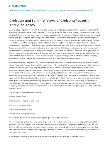 Christian and Feminist Views of Christina Rossetti: Analytical Essay