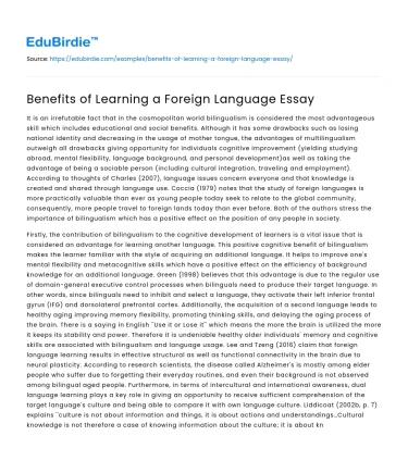 Benefits of Learning a Foreign Language Essay