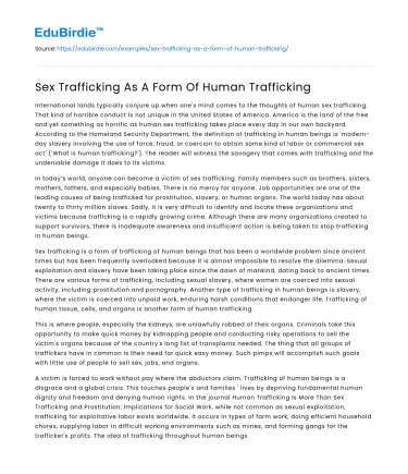 Sex Trafficking As A Form Of Human Trafficking