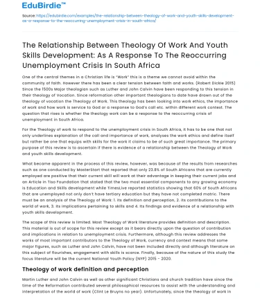 Theology of Work and Youth Skills Development: Tackling Unemployment