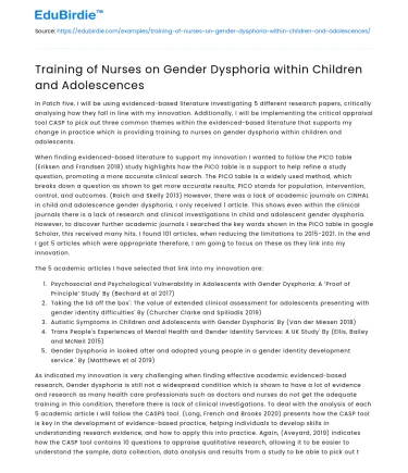 Training of Nurses on Gender Dysphoria within Children and Adolescences