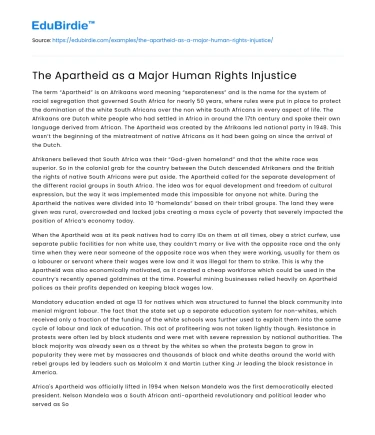 The Apartheid as a Major Human Rights Injustice