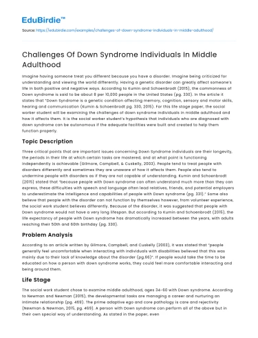 Challenges Of Down Syndrome Individuals In Middle Adulthood
