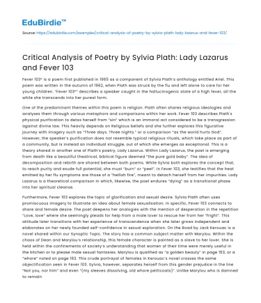 Critical Analysis of Poetry by Sylvia Plath: Lady Lazarus and Fever 103