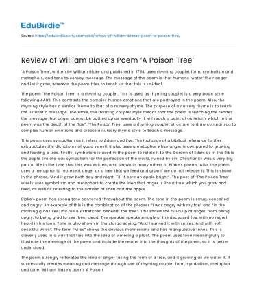 Review of William Blake’s Poem ‘A Poison Tree’