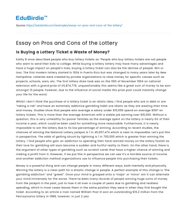 Essay on Pros and Cons of the Lottery