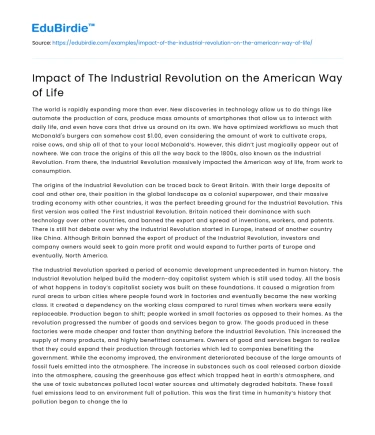 Impact of The Industrial Revolution on the American Way of Life