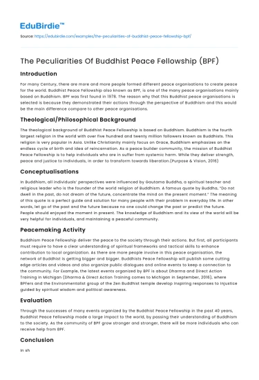 The Peculiarities Of Buddhist Peace Fellowship (BPF)