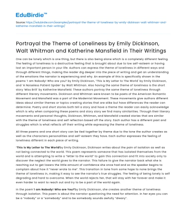 Loneliness in Dickinson, Whitman, & Mansfield’s Writings