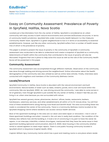 Poverty Assessment in Spryfield, Halifax, NS