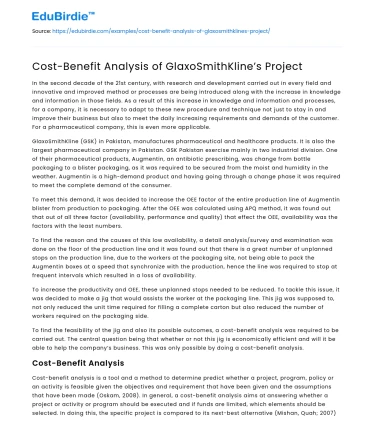 Cost-Benefit Analysis of GlaxoSmithKline’s Project