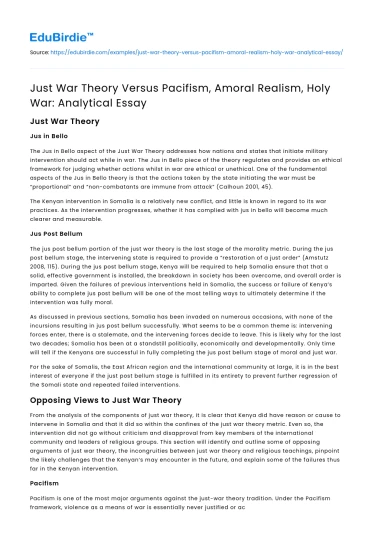 War Theory Vs Pacifism, Realism, Holy War