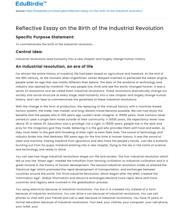 Reflective Essay on the Birth of the Industrial Revolution