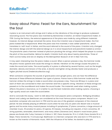 Essay about Piano: Feast for the Ears, Nourishment for the Soul