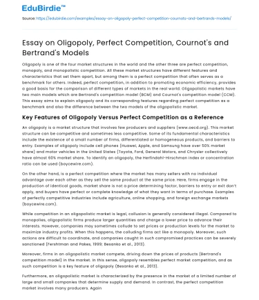Oligopoly, Perfect Competition, Cournot’s and Bertrand’s Models