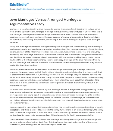 Love Marriages Versus Arranged Marriages: Argumentative Essay