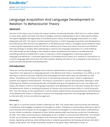 Language Acquisition & Development in Relation to Behaviorist Theory
