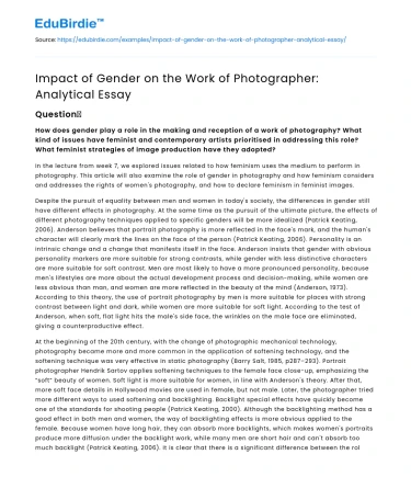 Impact of Gender on the Work of Photographer: Analytical Essay
