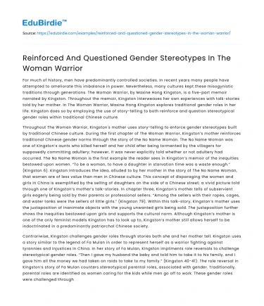 Reinforced And Questioned Gender Stereotypes In The Woman Warrior