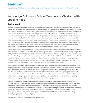 Knowledge Of Primary School Teachers of Children With Specific Need