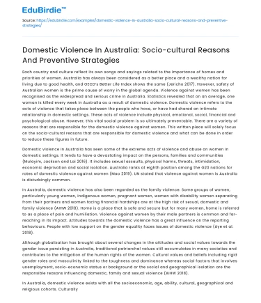 Preventing Domestic Violence in Australia: Sociocultural Factors