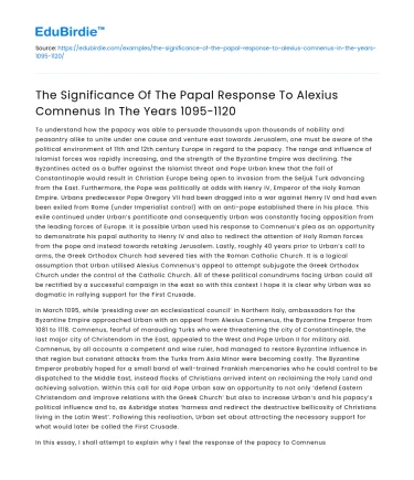 Papal Response to Alexius Comnenus, 1095-1120
