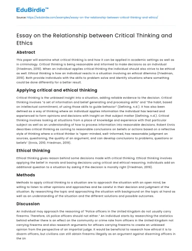 Essay on the Relationship between Critical Thinking and Ethics
