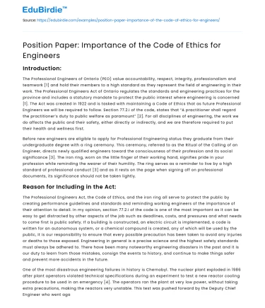 Position Paper: Importance of the Code of Ethics for Engineers