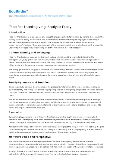 ‘Rice For Thanksgiving’ Analysis Essay