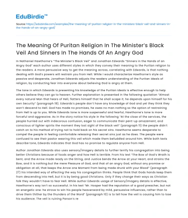 Puritan Religion in The Minister’s Black Veil and Related Texts