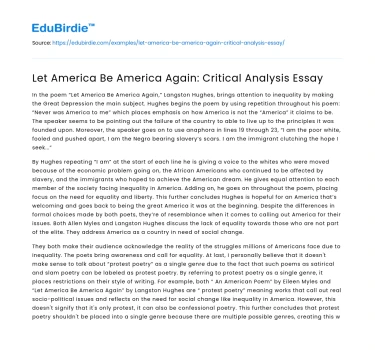 Let America Be America Again: Critical Analysis Essay