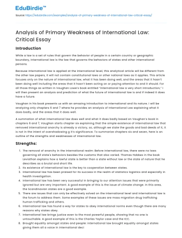 Analysis of Primary Weakness of International Law: Critical Essay