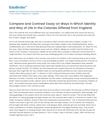 Identity and Lifestyle Differences in Colonies vs England