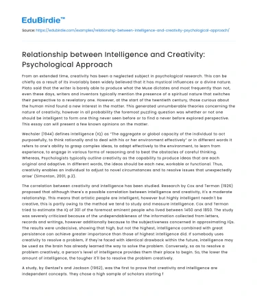 Relationship between Intelligence and Creativity: Psychological Approach
